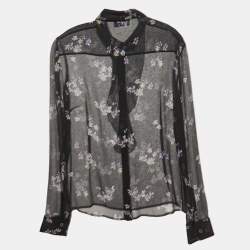 Pre Owned RED Valentino Black Floral Print Chiffon Neck Tie Detail Shirt Blouse S