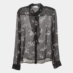 Pre Owned RED Valentino Black Floral Print Chiffon Neck Tie Detail Shirt Blouse S