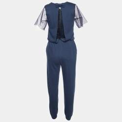Pre Owned RED Valentino Navy Blue Cotton Knit & Lace Jumpsuit S