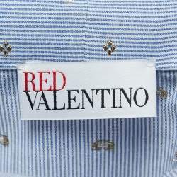Pre Owned RED Valentino Blue Microstriped Flower Patterned Poplin Top M