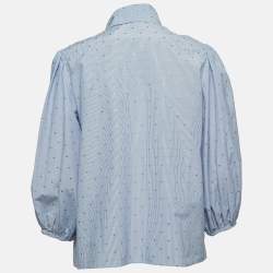 Pre Owned RED Valentino Blue Microstriped Flower Patterned Poplin Top M