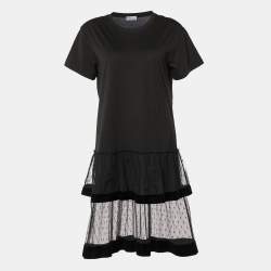 Pre Owned RED Valentino Black Cotton And Mesh Hem Detailed T-Shirt Dress L