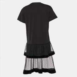 Pre Owned RED Valentino Black Cotton And Mesh Hem Detailed T-Shirt Dress L