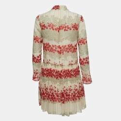 RED Valentino Beige Floral Printed Chiffon Tie Neck Mini Dress S