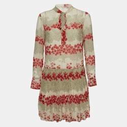 RED Valentino Beige Floral Printed Chiffon Tie Neck Mini Dress S