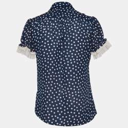 RED Valentino Navy Blue Dotted Crepe Puff Sleeve Blouse S