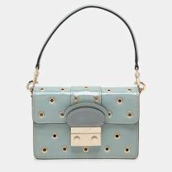 RED Valentino Dusky Blue Patent Leather Grommet Detailed Shoulder Bag