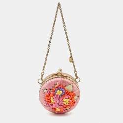 RED Valentino Pink Straw and Leather Daisy Round Chain Purse