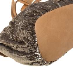 Pre Owned Red Valentino Light Brown/Metallic Gold Sequin and Leather Bow Crossbody Bag