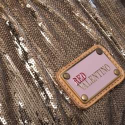 Pre Owned Red Valentino Light Brown/Metallic Gold Sequin and Leather Bow Crossbody Bag