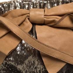 Pre Owned Red Valentino Light Brown/Metallic Gold Sequin and Leather Bow Crossbody Bag
