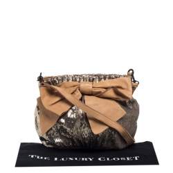Pre Owned Red Valentino Light Brown/Metallic Gold Sequin and Leather Bow Crossbody Bag