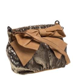 Pre Owned Red Valentino Light Brown/Metallic Gold Sequin and Leather Bow Crossbody Bag