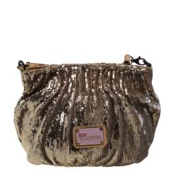 Pre Owned Red Valentino Light Brown/Metallic Gold Sequin and Leather Bow Crossbody Bag