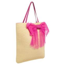 RED Valentino Beige/Pink Raffia And Lace Bow Tote