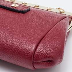 RED  Valentino Red Leather Frame Star Detail Chain Clutch