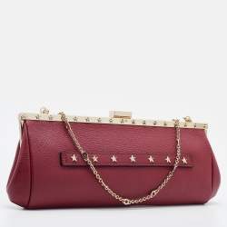 RED  Valentino Red Leather Frame Star Detail Chain Clutch