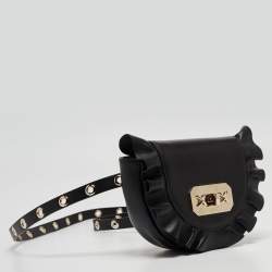 RED Valentino Black Leather Ruffle Convertible Belt Bag