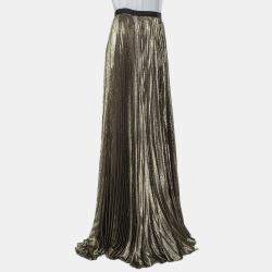Reem Acra Gold Lurex Silk Pleated Maxi Skirt M