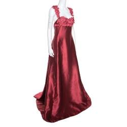 Reem Acra Red Silk Floral Applique Bodice Detail Embellished Gown L