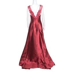 Reem Acra Red Silk Floral Applique Bodice Detail Embellished Gown L