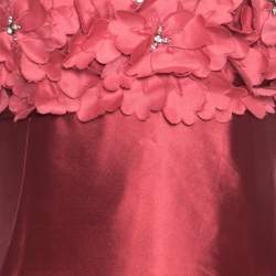 Reem Acra Red Silk Floral Applique Bodice Detail Embellished Gown L