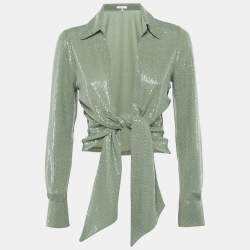 Pre Owned Reiss Green Sequin Jersey Tie-Up Detail Liana Crop Top S