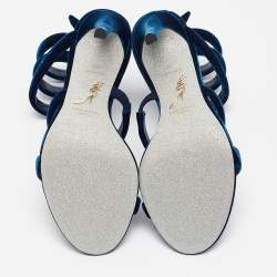 Pre Owned René Caovilla Navy Blue Velvet Cleo Ankle Wrap Sandals Size 38