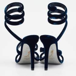 Pre Owned René Caovilla Navy Blue Velvet Cleo Ankle Wrap Sandals Size 38