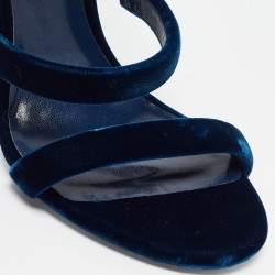 Pre Owned René Caovilla Navy Blue Velvet Cleo Ankle Wrap Sandals Size 38