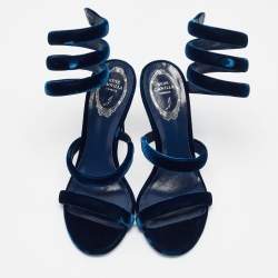 Pre Owned René Caovilla Navy Blue Velvet Cleo Ankle Wrap Sandals Size 38