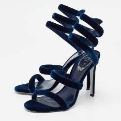 Pre Owned René Caovilla Navy Blue Velvet Cleo Ankle Wrap Sandals Size 38