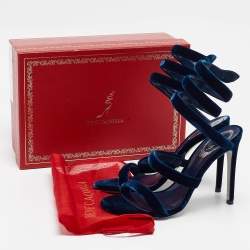 Pre Owned René Caovilla Navy Blue Velvet Cleo Ankle Wrap Sandals Size 38