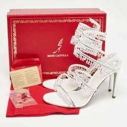 Pre Owned Rene Caovilla White Satin Crystal Embellished Chandelier Sandals Size 39