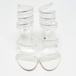 Pre Owned Rene Caovilla White Satin Crystal Embellished Chandelier Sandals Size 39