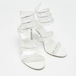 Pre Owned Rene Caovilla White Satin Crystal Embellished Chandelier Sandals Size 39