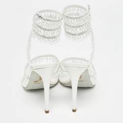 Pre Owned Rene Caovilla White Satin Crystal Embellished Chandelier Sandals Size 39