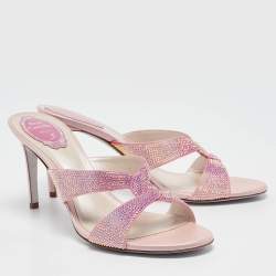 Pre Owned René Caovilla Pink Crystal Embellished Satin Slide Sandals Size 40