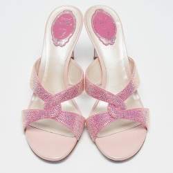 Pre Owned René Caovilla Pink Crystal Embellished Satin Slide Sandals Size 40