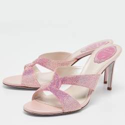 Pre Owned René Caovilla Pink Crystal Embellished Satin Slide Sandals Size 40