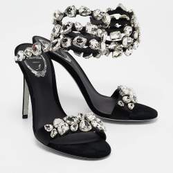 Pre Owned René Caovilla Black Suede Crystal Embellished Ankle Strap Sandals Size 38
