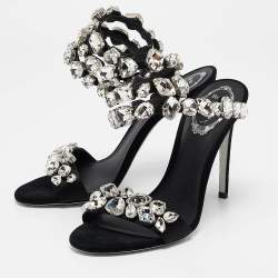 Pre Owned René Caovilla Black Suede Crystal Embellished Ankle Strap Sandals Size 38
