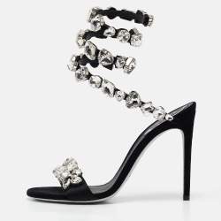 Pre Owned René Caovilla Black Suede Crystal Embellished Ankle Strap Sandals Size 38