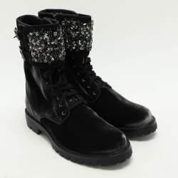 René Caovilla Black Velvet Embellished Ankle Length Boots Size 38