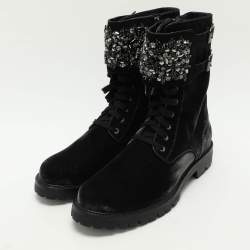 René Caovilla Black Velvet Embellished Ankle Length Boots Size 38