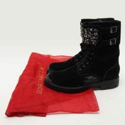 René Caovilla Black Velvet Embellished Ankle Length Boots Size 38
