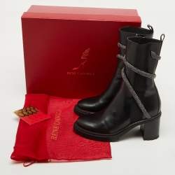 Pre Owned René Caovilla Black Leather Cleo Hematite Strass Calf Length Boots Size 40.5