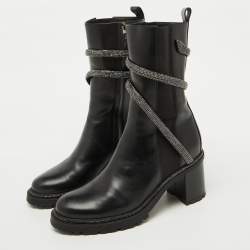 Pre Owned René Caovilla Black Leather Cleo Hematite Strass Calf Length Boots Size 40.5