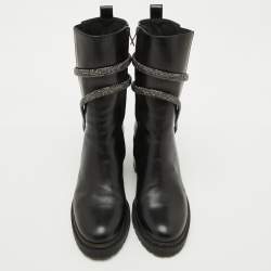 Pre Owned René Caovilla Black Leather Cleo Hematite Strass Calf Length Boots Size 40.5