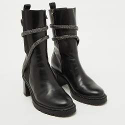 Pre Owned René Caovilla Black Leather Cleo Hematite Strass Calf Length Boots Size 40.5